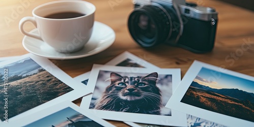 Coffee, camera, and photos of travels and pets.  A collection of printed images, a coffee cup, and a vintage camera sit on a wooden table