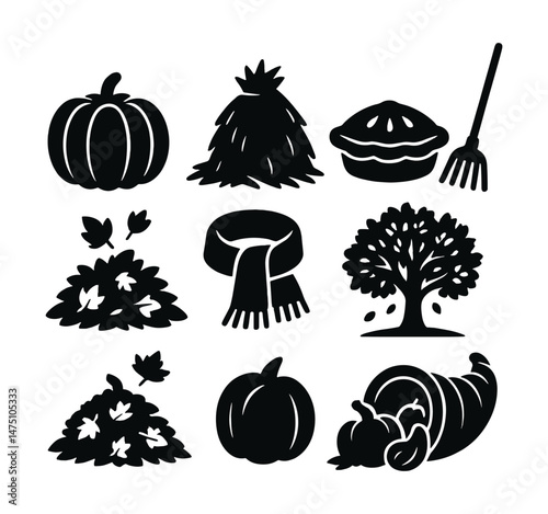 Autumn seasonal icons set – silhouette, fall, harvest symbols for creative design