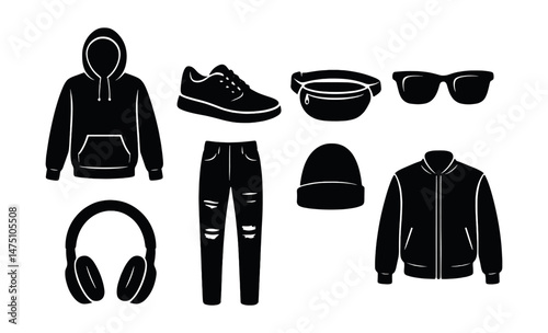 Urban fashion silhouette icons set – apparel, accessories, and streetwear symbols