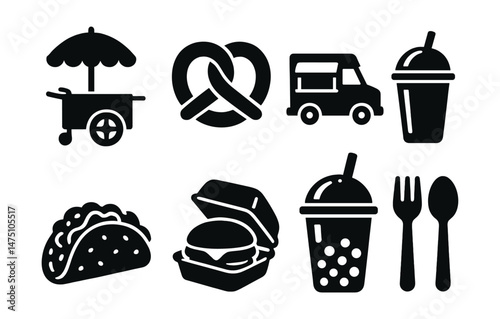 Street food silhouette icons set – simple, snack and fast-food elements