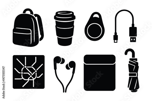 Commute essentials icons set – silhouette, everyday travel and transport symbols
