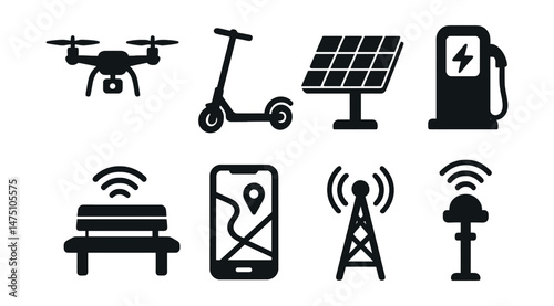 Smart city silhouette icons set – simple urban technology and innovation symbols