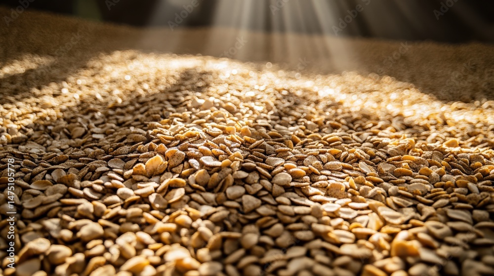 Obraz premium Close up of sunlit seed kernels on natural surface with shadows