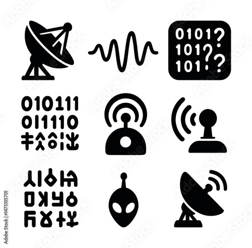 Extraterrestrial communication icons set – silhouette, alien and signal design elements