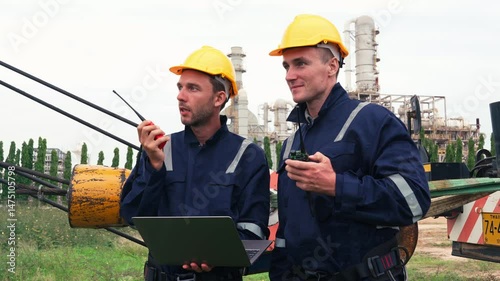 Oil and gas refinery technicians collaborating on coastal pipeline construction project at industrial site, wearing safety gear and helmets