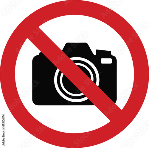 No Photography Sign black silhouette with camera lens and red slash, underscoring privacy and restriction in a minimalist vector