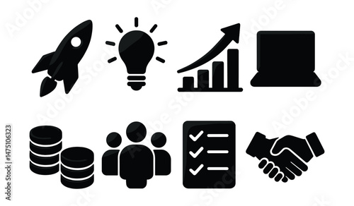 Startup and entrepreneurship icons set – silhouette, business and innovation symbols
