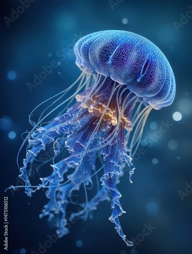 Bright blue jellyfish drifting freely with soft glow