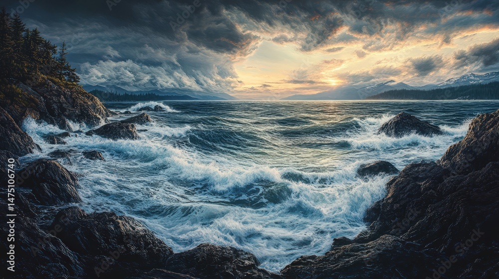 Obraz premium Dramatic seascape at sunset with waves crashing against rocky shore. Dark clouds and mountains in background.