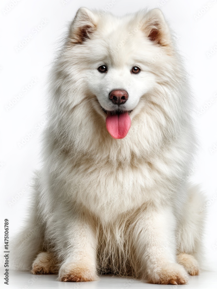 Fototapeta premium Adorable fluffy Samoyed sitting calmly, isolated white background