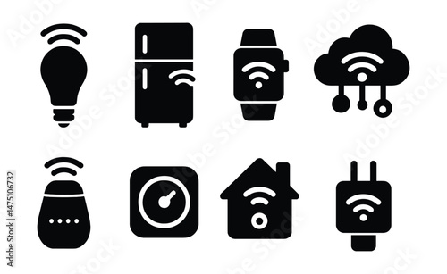 Iot devices icons set – silhouette, smart home and technology connection symbols