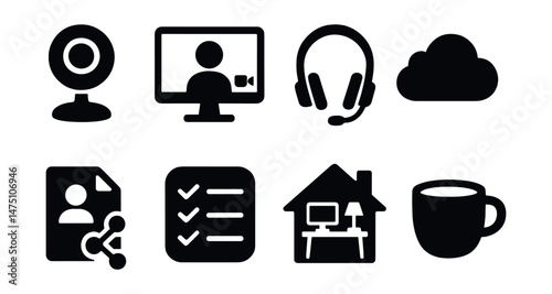 Remote work icons set – silhouette, telecommuting and home office essentials