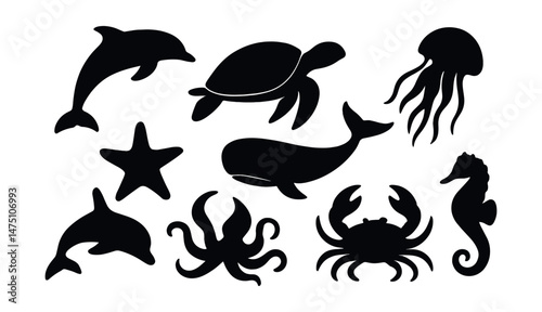Ocean wildlife silhouettes icons set – simple marine and sea life symbols