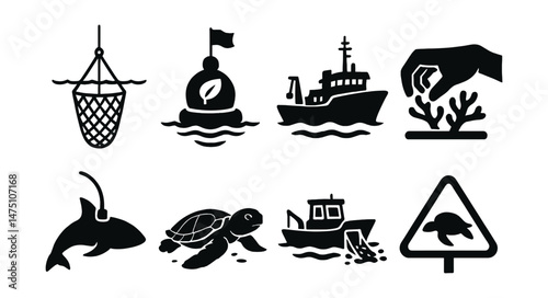 Ocean conservation silhouette icons set – marine life, environmental protection symbols