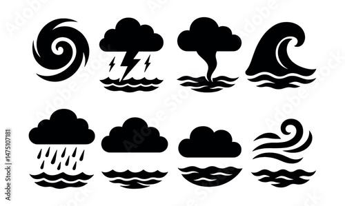 Weather and ocean storm icons set – silhouette, climate and marine disaster symbols