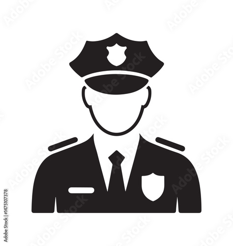 Police officer silhouette icon representing law enforcement, security, and public service. Black and white design for use in various law-related contexts.
