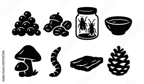 Owl food icons set – silhouette, nature and wildlife feeding symbols