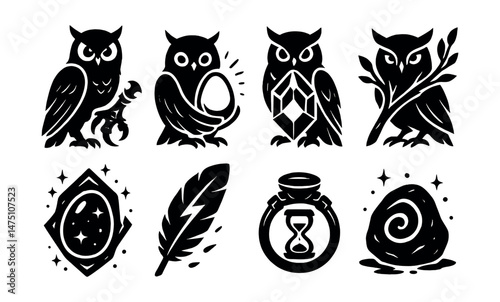Owl guardian relics icons set - silhouette, mysterious and mystical symbols