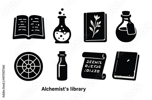 Alchemist’s library icons set – silhouette, potion and book symbols for magical themes