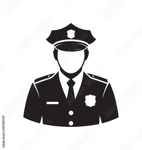 Police officer silhouette icon representing law enforcement, security, and public service. Black and white design for use in various law-related contexts.