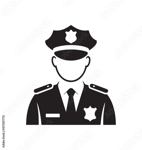 Police officer silhouette icon representing law enforcement, security, and public service. Black and white design for use in various law-related contexts.