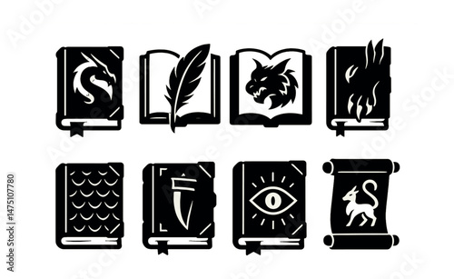 Magical creature books icons set – silhouette, fantasy and mythical symbol collection