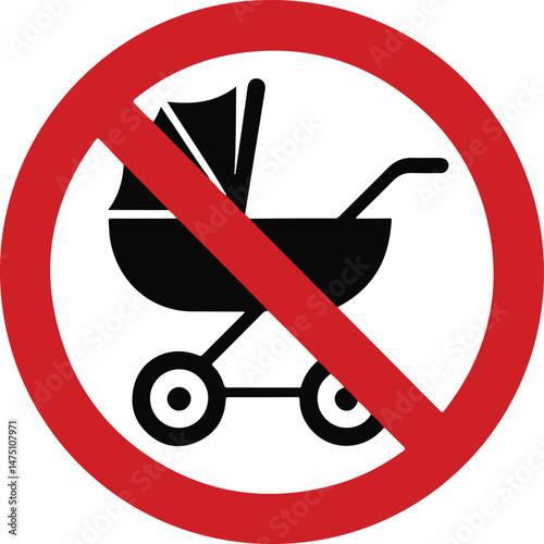 No Stroller Sign black silhouette with wheels and red slash, underscoring accessibility limits and safety in a minimalist vector
