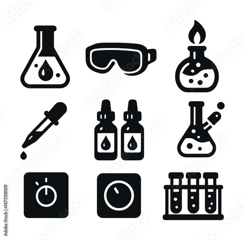 Oil chemistry lab icons set – silhouette, lab tools and experiment symbols