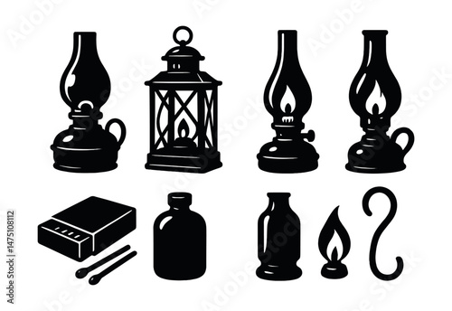 Vintage oil lamps icons set – silhouette, antique lighting and retro lantern designs