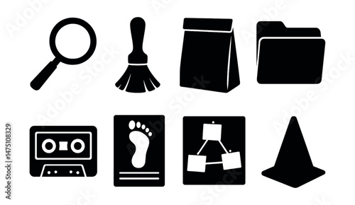 Investigation tools icons set - silhouette, detective gadgets and forensics symbols