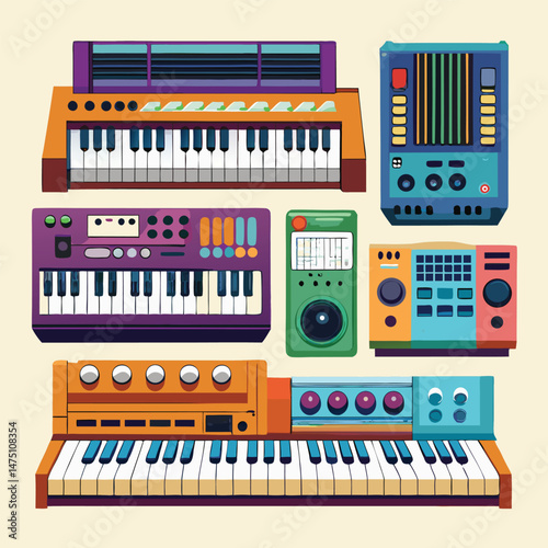 Six classic synth instrument on white background