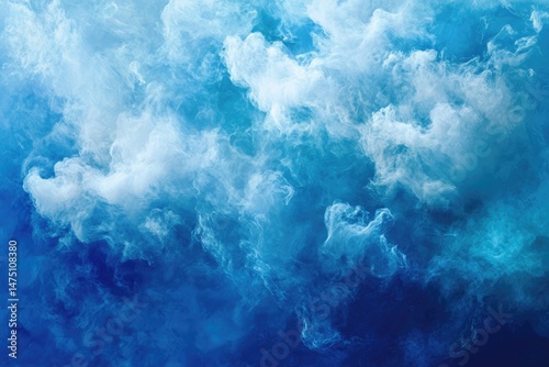 Abstract swirling clouds of light blue and white, against a deep blue backdrop.  Dense, fluffy textures create a sense of depth and motion