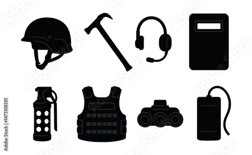 Swat gear icons set – silhouette, tactical and equipment vector symbols