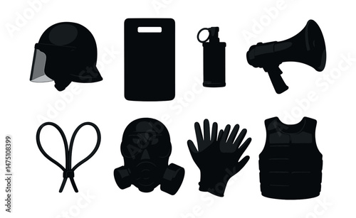 Riot control gear icons set – silhouette style, tactical and security symbols