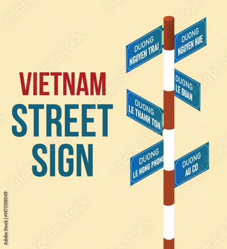 "Illustration of a Vietnam street sign with multiple blue name plates on a red-and-white striped pole.Vintage textured background with bold 'Vietnam Street Sign' typography."