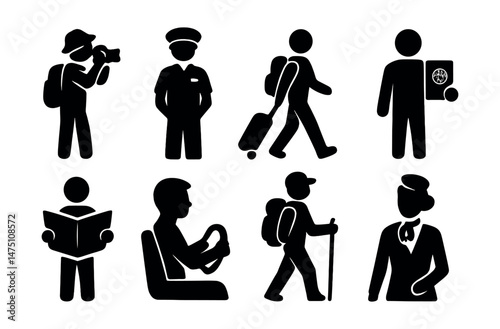 Travel silhouette icons set – simple, journey and exploration graphic symbols
