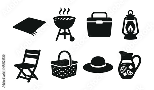Outdoor party essentials silhouette icons set – simple, picnic and gathering symbols
