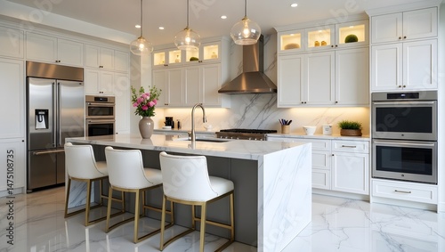 Luxury kitchen interior design, open concept, large white cabinets, beautiful background