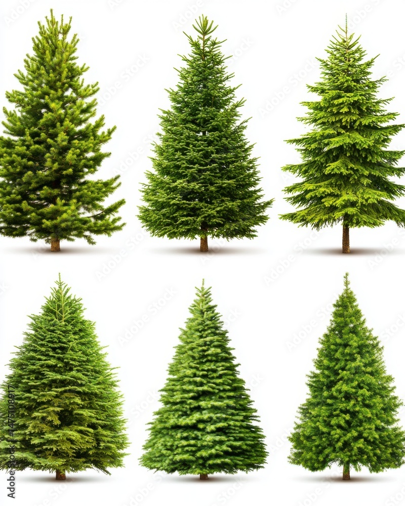 Obraz premium Six Christmas Trees Standing Tall Isolated on White Background Displaying Evergreen Branches and Classic Holiday Shape for Festive Season