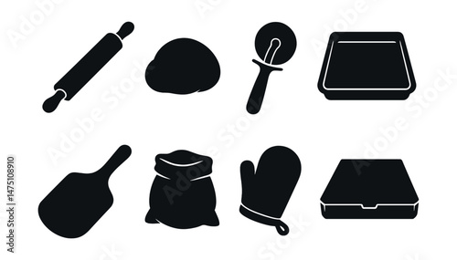 Pizza preparation silhouette icons set – simple kitchen and cooking symbols