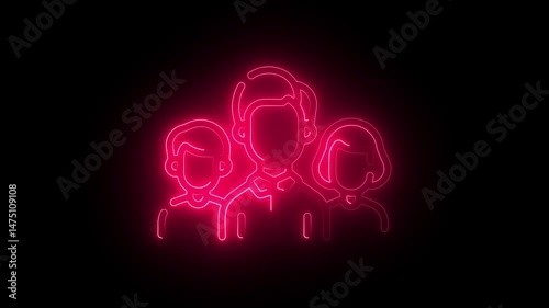 Glowing neon leadership icon. Neon icon showing a team led by a leader, glowing on dark background.