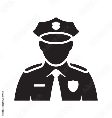Police officer silhouette icon representing law enforcement, security, and public service. Black and white design for use in various law-related contexts.