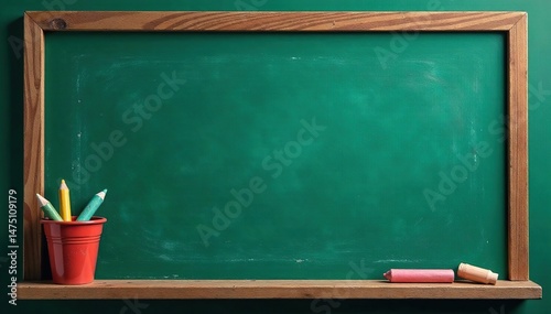 A child's colorful chalk drawings on a classic green chalkboard , learning environment, whimsical