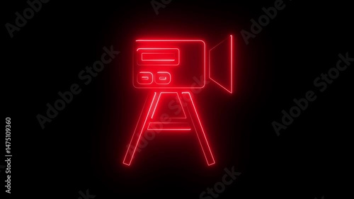 Glowing neon line of video camera icon, on black background, 4K motion graphics animation, neon effect