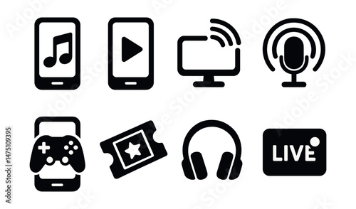 Phone entertainment icons set – silhouette, media, and communication symbols