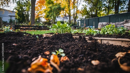 Autumnal Garden: A Close-Up View of Rich Soil and Young Plants