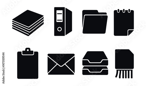Office paper icons set – silhouette, stationery, and document management symbols