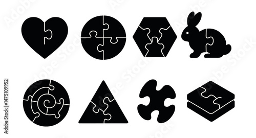 Creative puzzle icons set – silhouette, simple and unique puzzle piece symbols