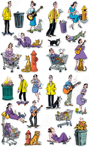 Urban Adventures: A collection of lively illustrations captures people in various urban scenarios. They are filled with unique characters with skateboard and various scenarios. 