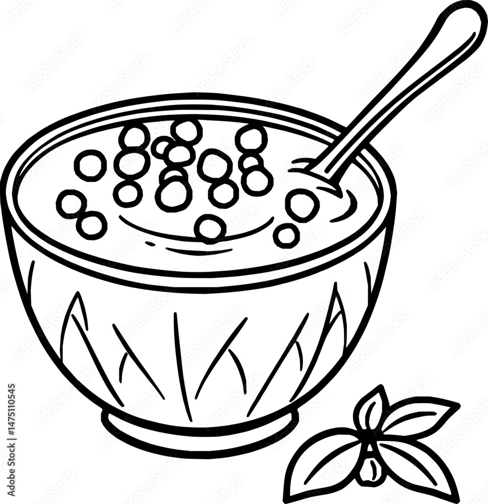 Bowl of Creamy Dessert with Small Spheres and Herbs Bowl of Creamy Dessert with Small Spheres and Herbs